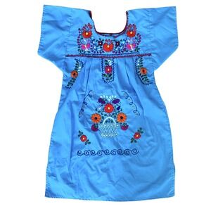 Mexican Otomi Colorful Embroidered Dress 4 Girls Blue Traditional Huipil Florals